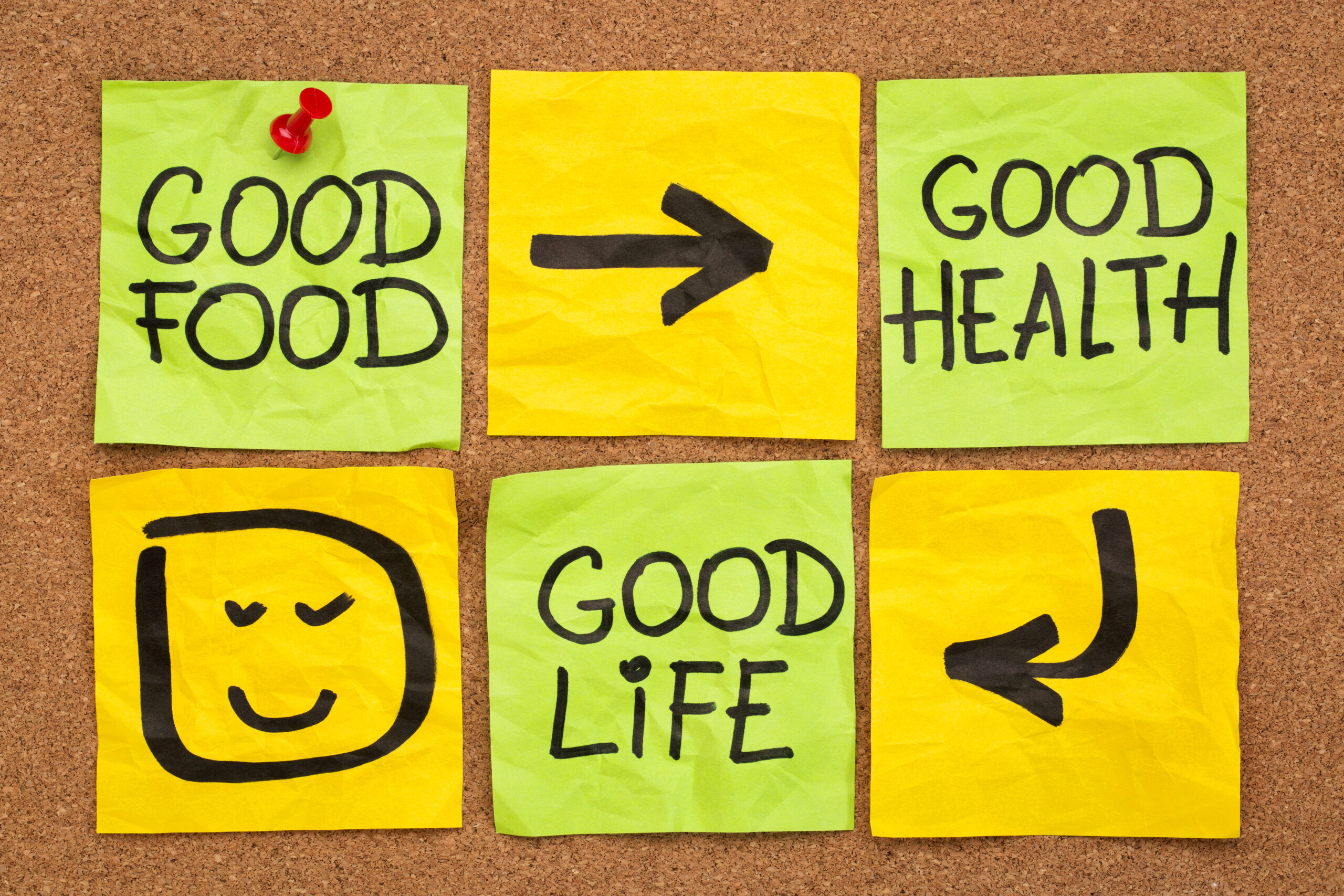 healthy lifestyle concept - good food, health and life -  reminder words handwritten of sticky notes